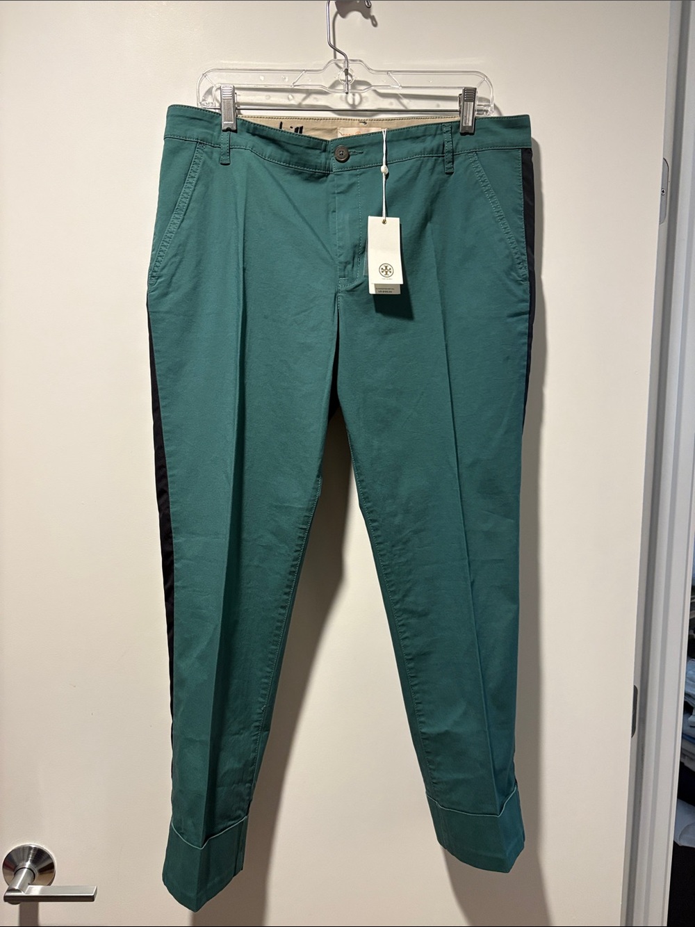 NWT Tory Burch Teal Chinos with Black Side Stripe Detail Size 31